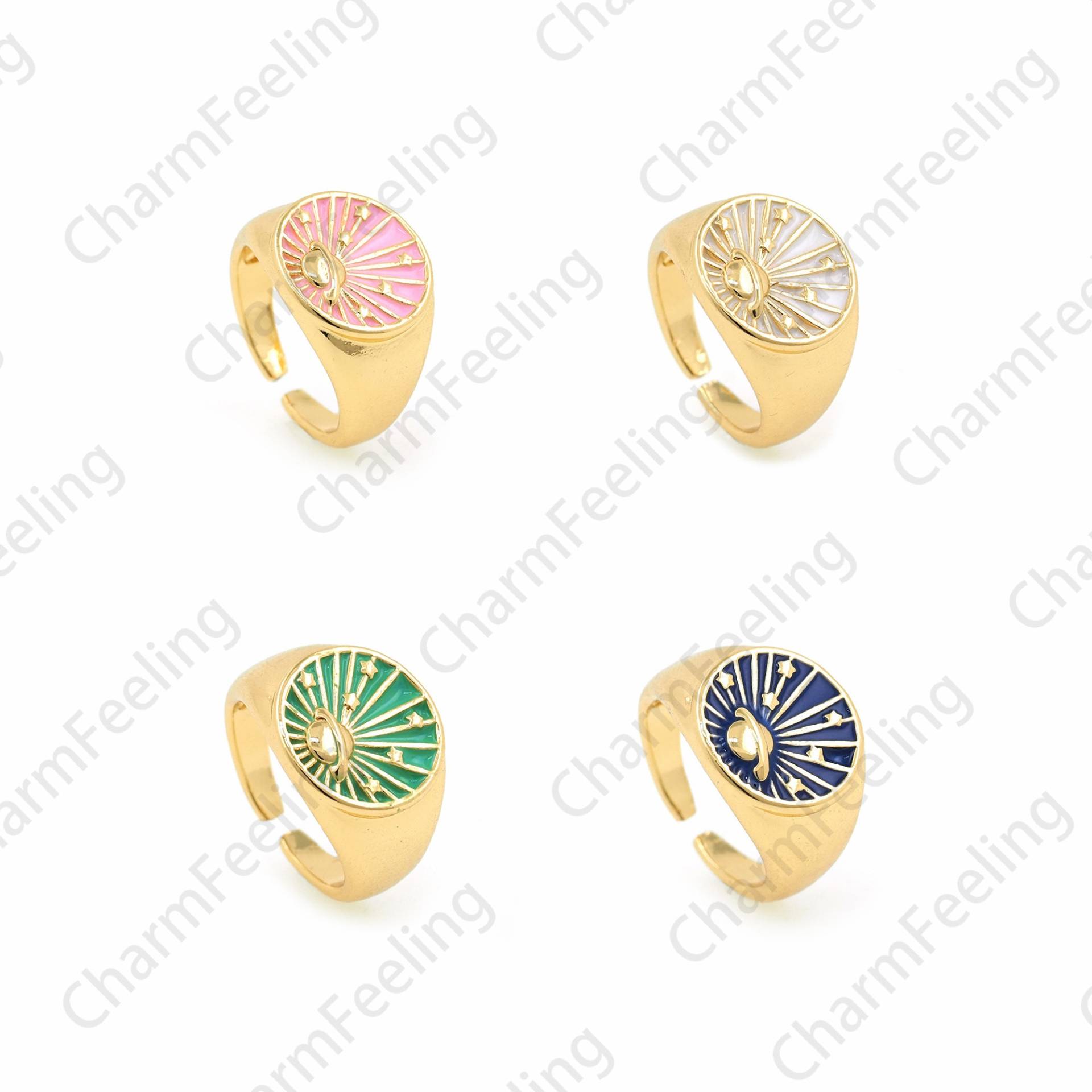 Offener Goldring, Emaille Ring, 18K Gold Füllung Verstellbarer Micropavé Cz Universum Galaxie Charm, Saturn Ring von CharmFeeling