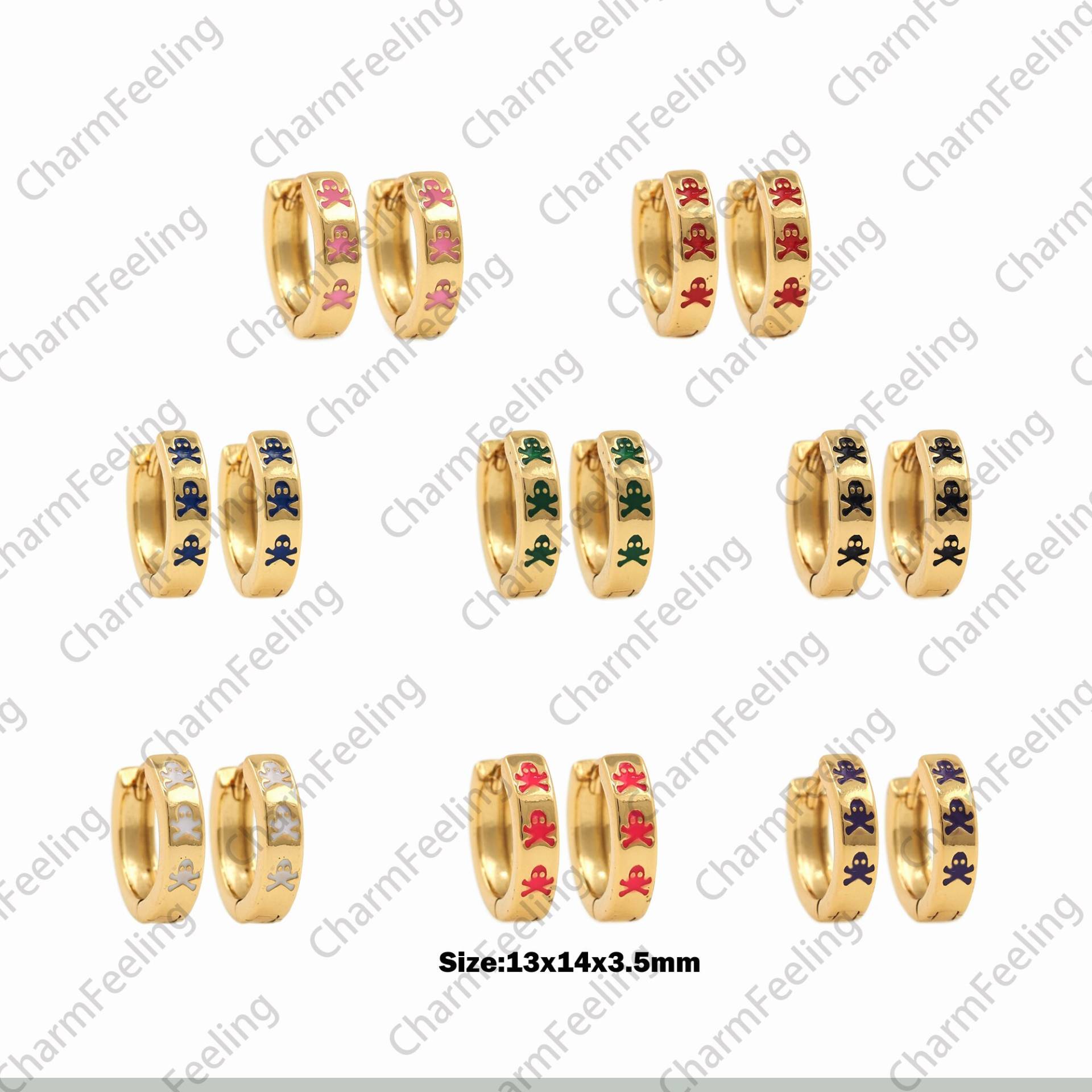 Totenkopf Ohrringe, Emaille 18K Gold Filled Spirit Durchbohrte Runde 13x14x3, 5mm von CharmFeeling