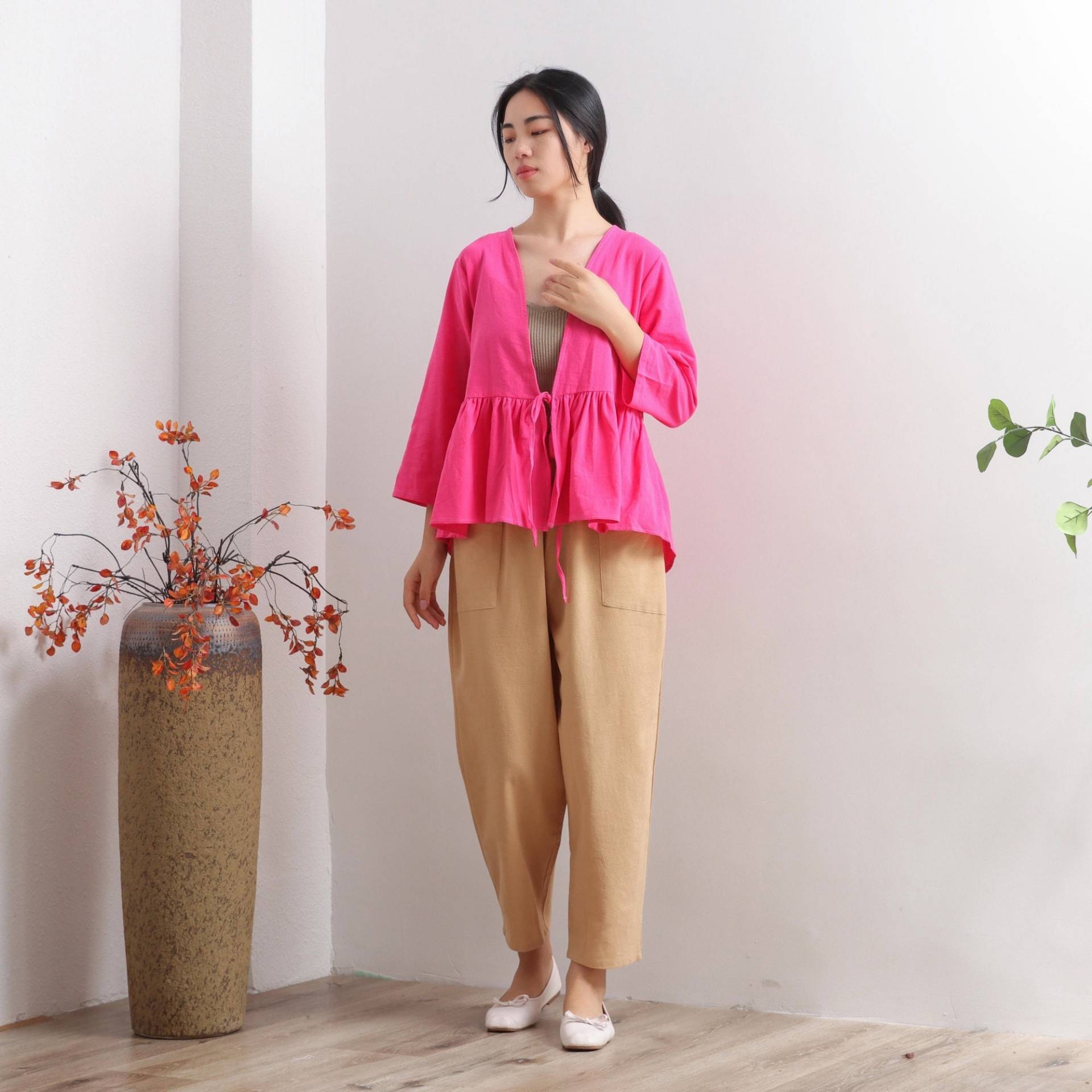 Baumwolle Kurzmantel Damen Tops Cardigan Long Sleeves Bluse Casual Loose Kimono Personalisiertes Shirt Top Plus Size Kleidung Leinen von CharmWoodSigns