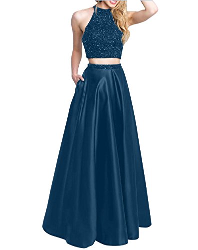 Charmant Braut 2022 Neu Glitzer Pailletten Abendkleider Ballkleider Partykleider Satin Zwei-teilig A-Linie Kleider Lang-42-Dunkel Blau von CHARMANT BRAUT