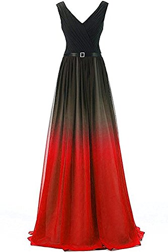 Charmant Damen 2020 Neu V-Ausschnitt Chiffon Abendkleider Ballkleider Brautjungfernkleider Lang A-Linie Rock-40 Schwarz/Rot von Charmant Damen