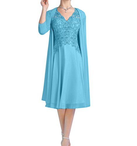 Charmant Damen Blau Spitze Brautmutterkleider Partykleider Knielang Promkleider mit Langarm Chiffon Bolero-38 Blau von Charmant Damen