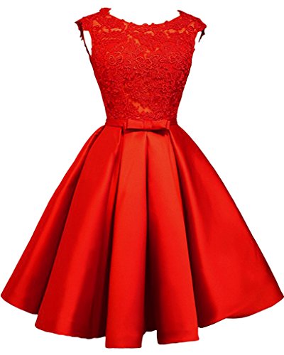 Charmant Damen Festlich Kurz Spitze Satin Abendkleider Partykleider Cocktailkleider Ballkleider Knie-lang A-Linie Rock -44 Rot von Charmant Damen