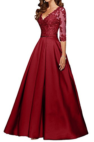 Charmant Damen Glamour Spitze Langarm Hundkragen Lang Abendkleider Ballkleider Partykleider Satin neu-44 Dunkel Rot von Charmant Damen