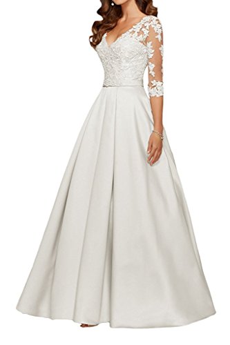 Charmant Damen Glamour Spitze Langarm Hundkragen Lang Abendkleider Ballkleider Partykleider Satin neu-46 Weiss von CHARMANT BRAUT