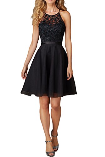 Charmant Damen Kurz Abendkleider Ballkleider mit Spitze Festlich Kleider Mini Promkleider Jugendweihe kleid-36 Schwarz von CHARMANT BRAUT