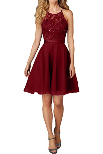 Charmant Damen Kurz Abendkleider Ballkleider mit Spitze Festlich Kleider Mini Promkleider Jugendweihe kleid-36 Weinrot von Charmant Damen