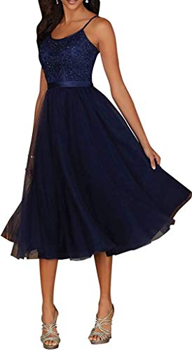 Charmant Damen Navy Blau-wadenlang U-Ausschnitt Spaghetti-Traeger Abendkleider Ballkleider Spitze Wadenlang A-linie-38 Navy Blau-wadenlang von Charmant Damen