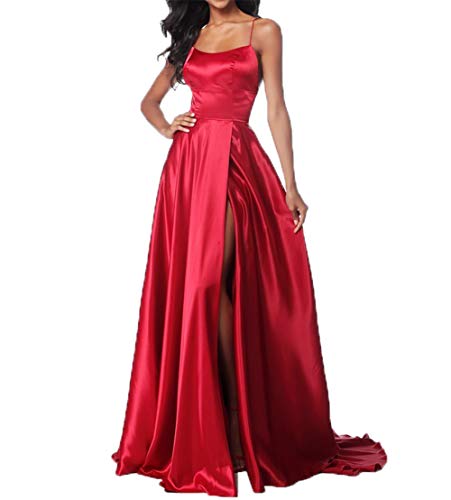 Charmant Damen Satin Spaghetti-Traeger Abendkleider Ballkleider Partykleider Festlichkleider Lang A-linie-38 Rot von CHARMANT BRAUT