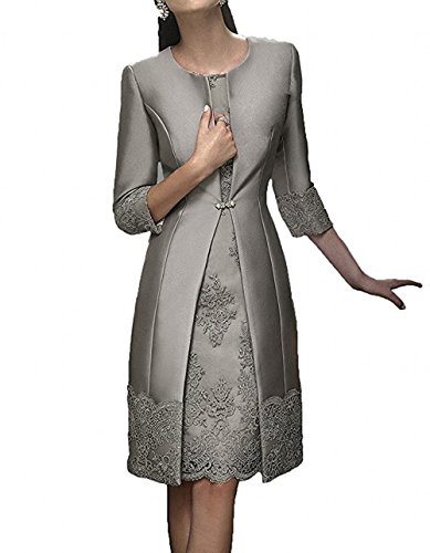Charmant Damen Silber Grau Elegant Langarm Knielang Abendkleider Brautmutterkleider Ballkleider Kurz festlichkleider-46 Silber Grau von Charmant Damen
