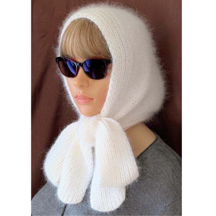 Hand Knitted Angora Hood-Bonnet-Scarf, Hood With Ties, Knitted Women Bonnet, Aviator Hood, Christmas Gifts von CharmeStrickmode