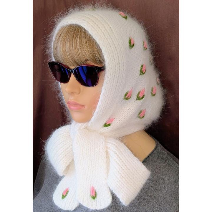 Hand Knitted Angora Hood-Bonnet-Scarf, Hood With Ties, Knitted Women Bonnet, Aviator Hood, Christmas Gifts von CharmeStrickmode