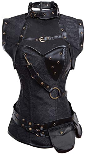 Charmian Damen Retro Goth Spiral Stahl ohne Knochen Brokat Steampunk Bustiers Korsett mit Jacke und Gürtel Schwarz 3X-Groß von Charmian