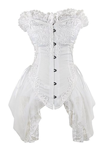 Charmian Damen Sexy trägerloses Blumenstickerei Mesh Prinzessin Gothic Vintage Bustier Korsett mit Spitzenrock Weiß Groß von Charmian