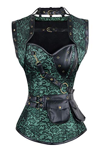 Charmian Damen Stahl ohne Knochen Retro Gothic Brokat Steampunk Bustiers Korsett Top mit Jacke und Gürtel Grün Klein von Charmian