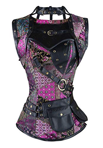 Charmian Damen Stahl ohne Knochen Retro Gothic Brokat Steampunk Bustiers Korsett Top mit Jacke und Gürtel Mehrfarbig 4X-Groß von Charmian