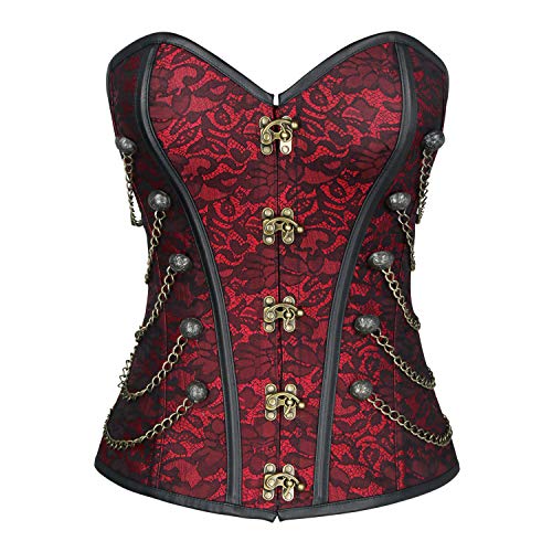 Charmian Damen Steampunk Gothic Retro Jacquard Stahl ohne Knochen trägerloses Brokat Vollbrustkorsett mit Ketten red X-Groß von Charmian