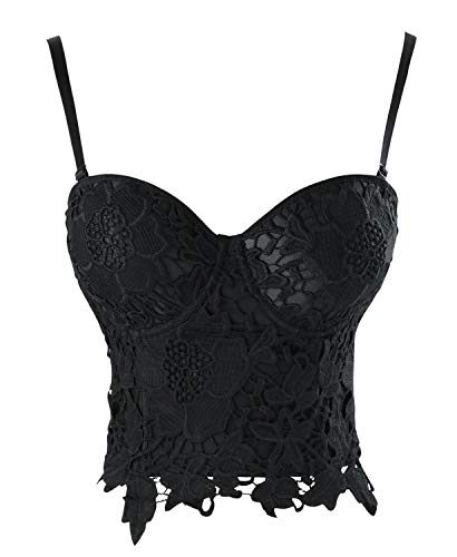 Charmian Women's B Cup Sexy Beauty Floral Lace Bustier Club Party Crop Top Bra Black Large von Charmian