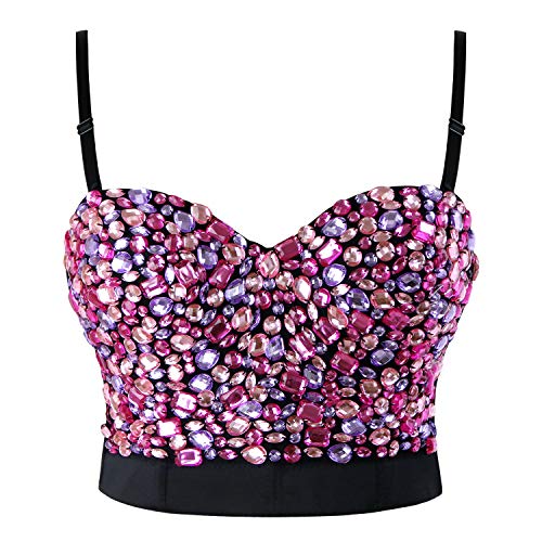 Charmian Women's Spaghetti Straps Colorful Rhinestone Push Up Bra Studded Gem Clubwear Party Bustier Bra Crop Top Pink Large von Charmian