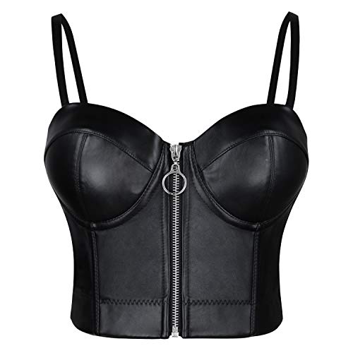 Charmian Women's Spaghetti Straps Gothic PU Leather Corset Bustier Front Zipper Crop Top Bra Black 6X-Large von Charmian