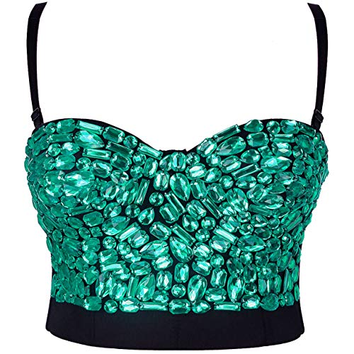 Charmian Women's Spaghetti Straps Rhinestone Beaded Push Up Bra Studded Gem Clubwear Party Bustier Crop Top Green XX-Large von Charmian