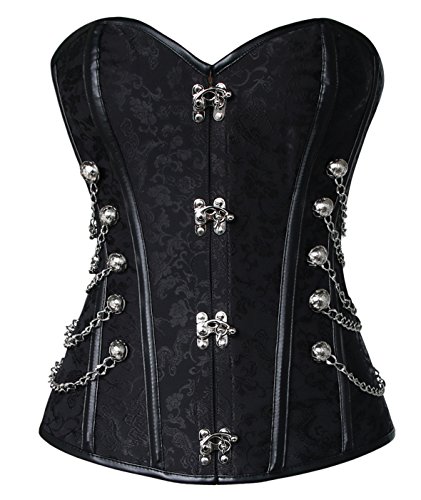 Charmian Women's Steampunk Gothic Spiral Steel Boned Brocade Waist Cincher Overbust Corset with Chains Black Medium von Charmian