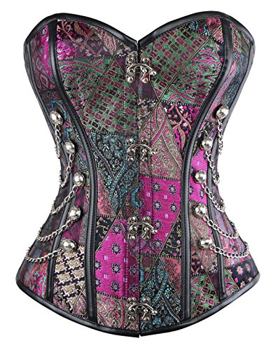 Charmian Women's Steampunk Gothic Spiral Steel Boned Brocade Waist Cincher Overbust Corset with Chains Purple XX-Large von Charmian