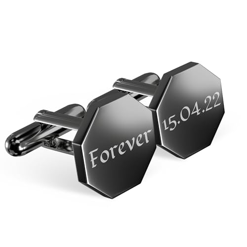 Charmify Manschettenknöpfe mit Gravur für Herren, personalisierbar, mit Geschenkbox, Geschenk für Hochzeit, Bräutigam und Trauzeugen, schwarz, achteckig, lokal hergestellt (UK) von Charmify