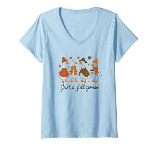 Damen Just A Fall Goose Herbst-Pullover Vibe T-Shirt mit V-Ausschnitt von Charming Autumn Goose Sweater Leaves
