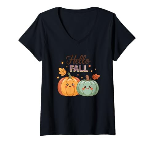 Damen Hello Fall Cute Pumpkin Faces Autumn Vibes T-Shirt mit V-Ausschnitt von Charming Autumn Pumpkin Smiles Cozy