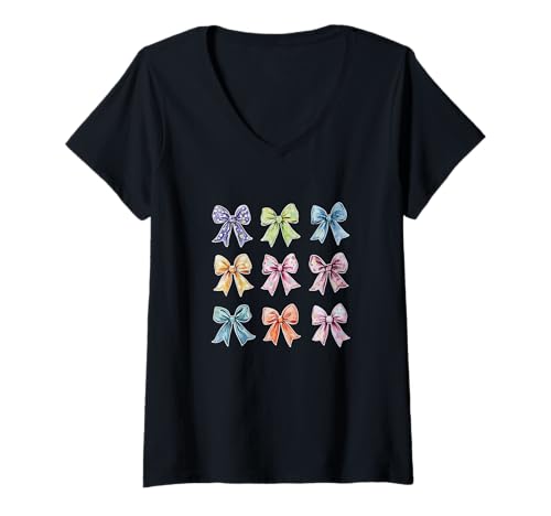 Damen Buntes Aquarell-Schleifenmuster T-Shirt mit V-Ausschnitt Damen Buntes Aquarell-Schleifenmuster T-Shirt mit V-Ausschnitt von Charming Bow Patterns Unique Colorful Collection