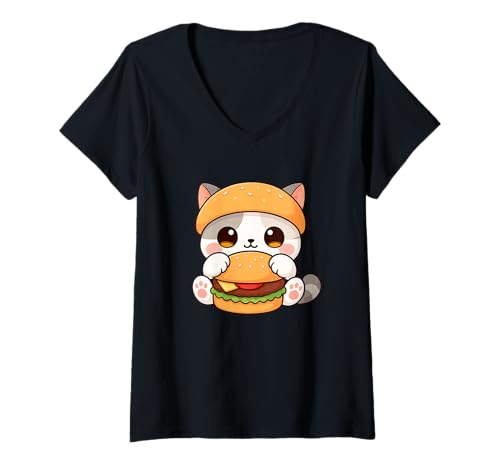 Damen Niedliche Katze Burger Cartoon Adorable Fast Food Lover T-Shirt mit V-Ausschnitt Damen Niedliche Katze Burger Cartoon Adorable Fast Food Lover T-Shirt mit V-Ausschnitt von Charming Cat Burger Cartoon Fast Food Cats