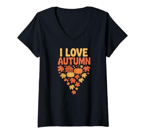 Damen Ich Liebe Autumn Leaves Pumpkins Cabin T-Shirt mit V-Ausschnitt Damen Ich Liebe Autumn Leaves Pumpkins Cabin T-Shirt mit V-Ausschnitt von Charming Fall Season Aesthetic Lovers Cozy