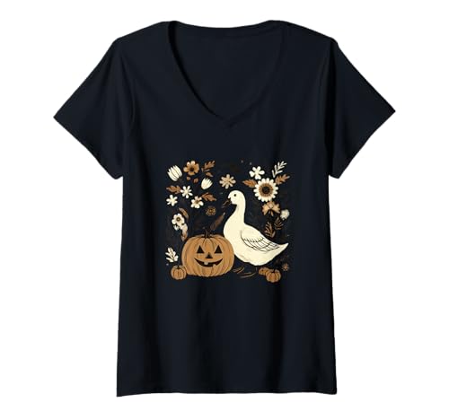 Damen Halloween Ente Kürbis Floral Festlich T-Shirt mit V-Ausschnitt von Charming Halloween Duck Pumpkin Floral