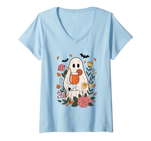 Damen Halloween-Geist genießt Blumengetränk T-Shirt mit V-Ausschnitt von Charming Halloween Floral Ghost Beverage