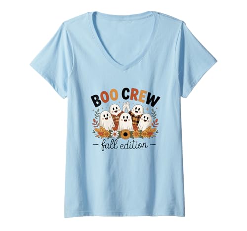 Damen Boo Crew Herbstausgabe Süße Geister, lustiges Halloween T-Shirt mit V-Ausschnitt von Charming Halloween Ghostly Crew Fun Vibes