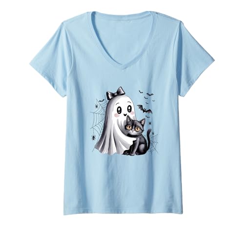 Damen Entzückender Halloween-Spaß mit Geist und Katze T-Shirt mit V-Ausschnitt von Charming Halloween Ghosts Cute Cats