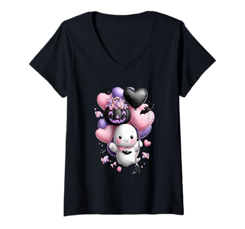 Damen Entzückende Geisterherz Luftballons Halloween Magic T-Shirt mit V-Ausschnitt von Charming Halloween Ghosts Heart Balloons