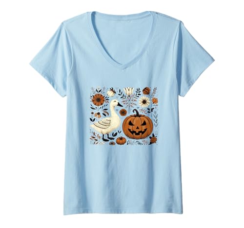 Damen Gans mit Kürbis Halloween Nacht T-Shirt mit V-Ausschnitt Damen Gans mit Kürbis Halloween Nacht T-Shirt mit V-Ausschnitt von Charming Halloween Goose Pumpkin Floral