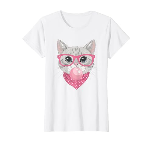 Niedliche Katze Bubblegum Kitty Rosa Brille Bandana Frauen Mädchen T-Shirt von Charming Kitty Lab