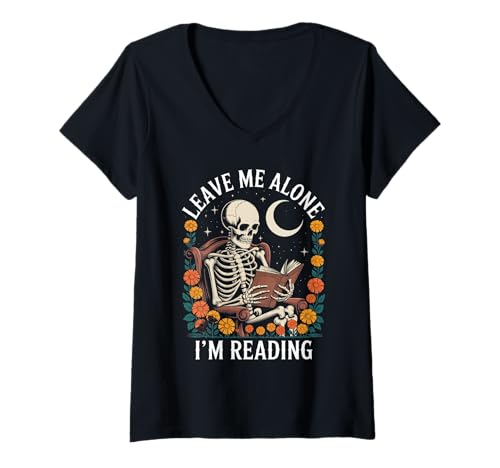 Damen Leave Me Alone I'm Reading Skelett Humor T-Shirt mit V-Ausschnitt von Charming Literary Skeleton, Designs for Book Lover