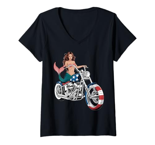 Damen Meerjungfrau Chopper Motorrad Design T-Shirt mit V-Ausschnitt Damen Meerjungfrau Chopper Motorrad Design T-Shirt mit V-Ausschnitt von Charming Mermaid Riders