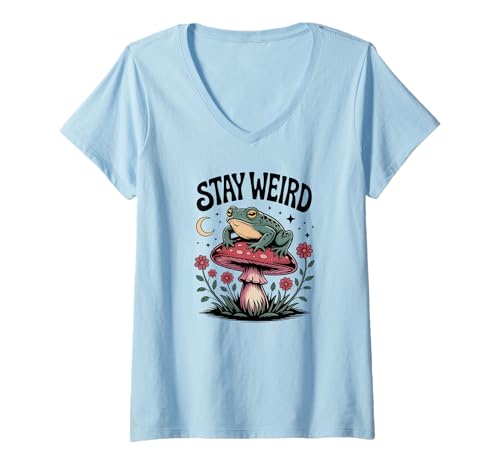 Damen Groovy Cottagecore Frosch und Pilz Mondzauber T-Shirt mit V-Ausschnitt Damen Groovy Cottagecore Frosch und Pilz Mondzauber T-Shirt mit V-Ausschnitt von Charming Nature Designs for Quirky Souls