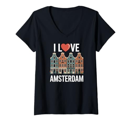 Damen Ich Liebe Amsterdam Heart Canal Houses T-Shirt mit V-Ausschnitt Damen Ich Liebe Amsterdam Heart Canal Houses T-Shirt mit V-Ausschnitt von Charming Netherlands Cityscape Enthusiasts