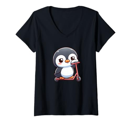 Damen Niedlicher Pinguin auf Roller fühlt Sich traurig an T-Shirt mit V-Ausschnitt Damen Niedlicher Pinguin auf Roller fühlt Sich traurig an T-Shirt mit V-Ausschnitt von Charming Penguin Friendship Designs