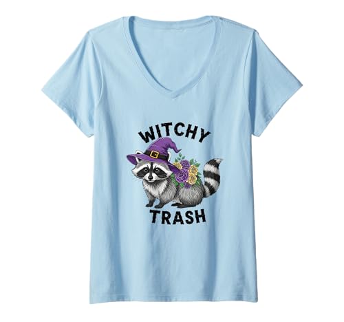 Damen Witchy Trash Süßer Waschbär Halloween-Thema T-Shirt mit V-Ausschnitt Damen Witchy Trash Süßer Waschbär Halloween-Thema T-Shirt mit V-Ausschnitt von Charming Raccoon Witchy Halloween Vibes