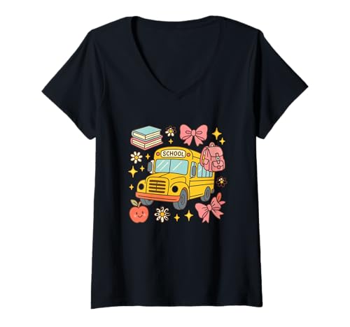 Damen Süßer Bus und Zubehör für den Schulanfang T-Shirt mit V-Ausschnitt Damen Süßer Bus und Zubehör für den Schulanfang T-Shirt mit V-Ausschnitt von Charming School Journey Symbols Collection