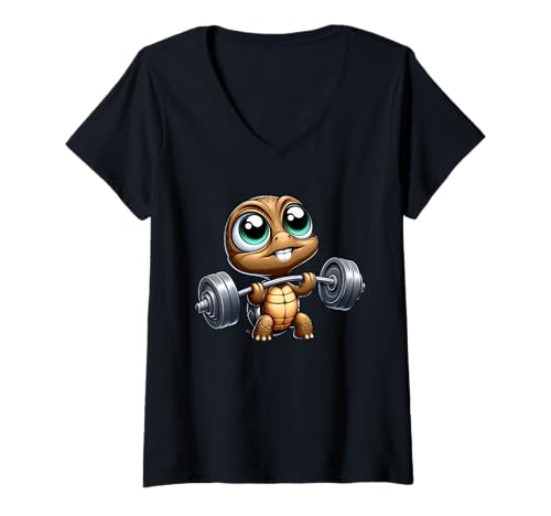 Damen Tolpatschiger und süßer lustiger Cartoon mit Chibi-Schildkrötenmotiv beim Gewichtheben T-Shirt mit V-Ausschnitt Damen Tolpatschiger und süßer lustiger Cartoon mit Chibi-Schildkrötenmotiv beim Gewichtheben T-Shirt mit V-Ausschnitt von Charming Weightlifting Turtle Fitness Fun