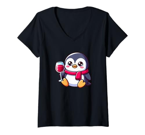 Damen Niedlicher Pinguin mit Rotwein Cartoon-Liebhaber T-Shirt mit V-Ausschnitt Damen Niedlicher Pinguin mit Rotwein Cartoon-Liebhaber T-Shirt mit V-Ausschnitt von Charming Wine Penguin Wine Lover Design