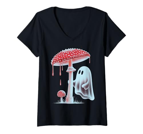 Damen Halloween-Thema mit einem charmanten Gruselpilz T-Shirt mit V-Ausschnitt Damen Halloween-Thema mit einem charmanten Gruselpilz T-Shirt mit V-Ausschnitt von Charming cute spooky ghost with with mushroom